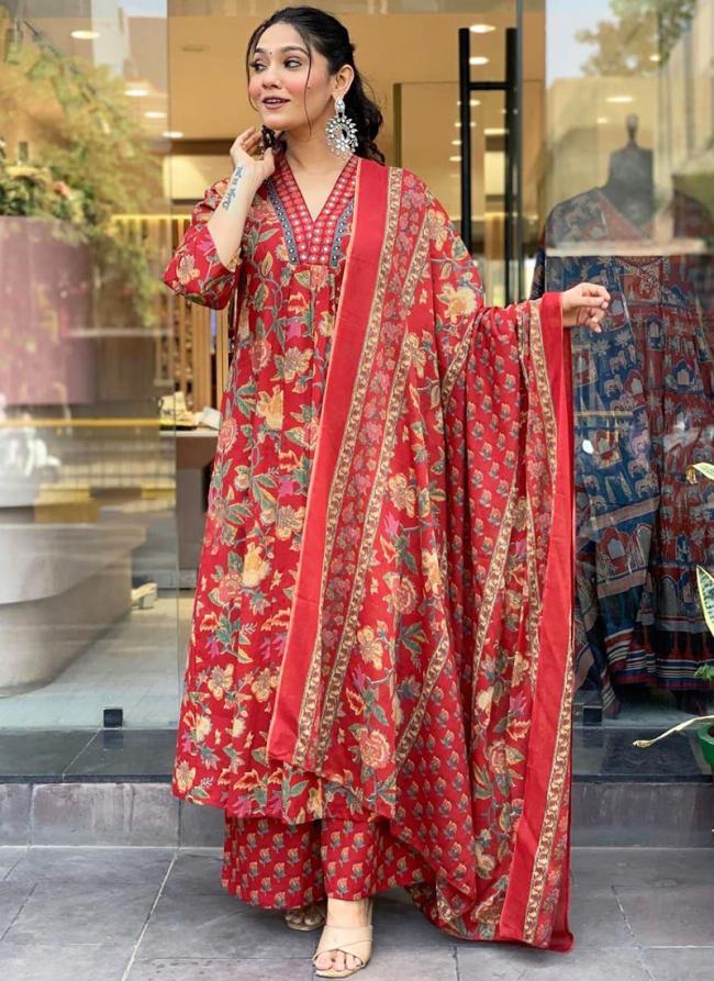 Cotton Red Traditional Wear Printed Readymade Anarkali Suit